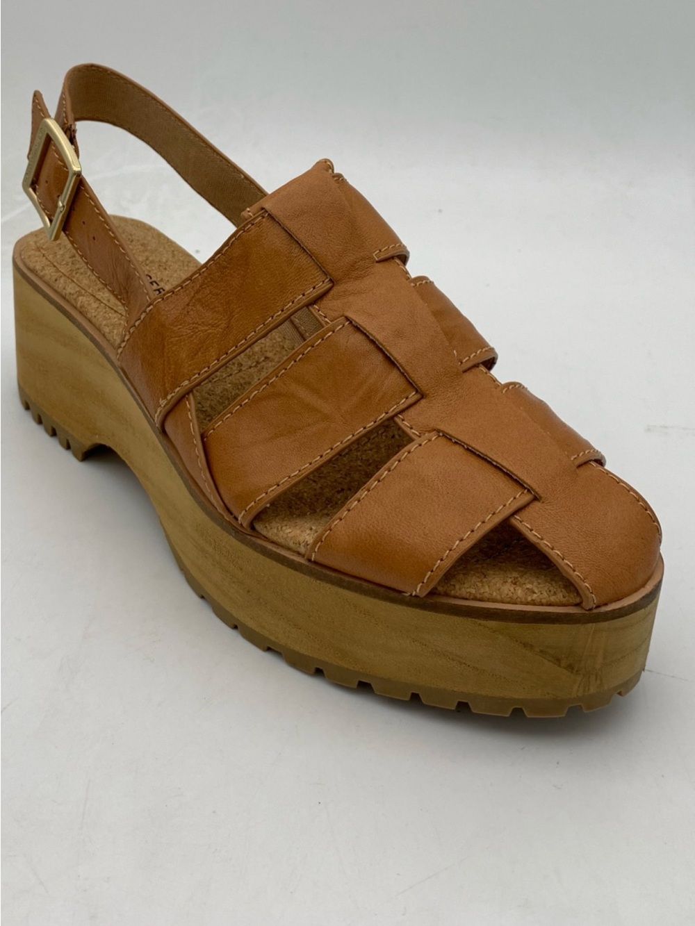 Kelsi Dagger Wooden Platform Fisherman Sandals Cognac Brown Leather Size 8.5